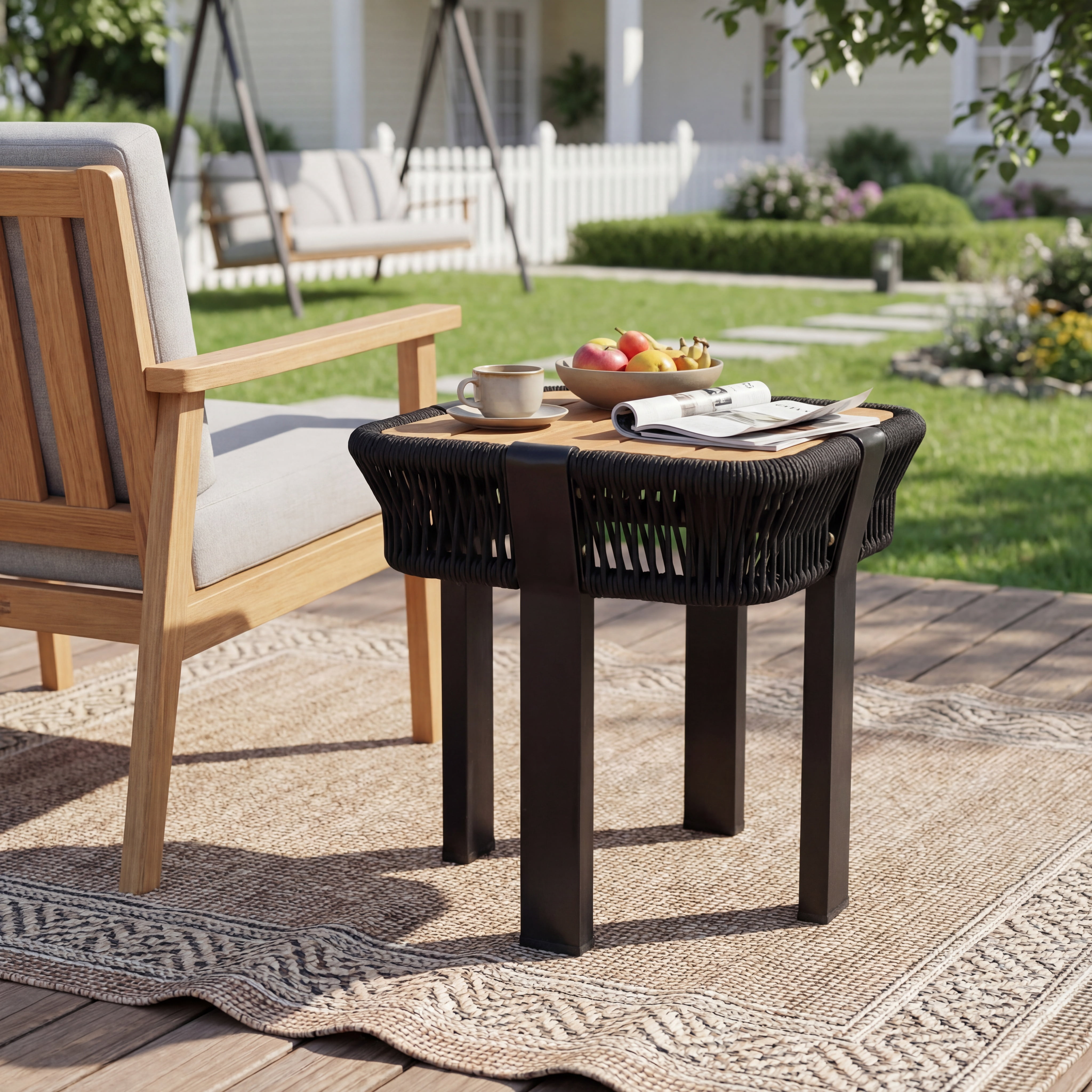Outdoor Side Table 18.11 Inch, Acacia Wood Top with Black Rope and Metal Frame for Patio Balcony, Black and Teak