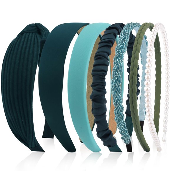 VELSCRUN Diademas para Mujer 7 Piezas Diferentes Diademas de Perlas sólidas Anudadas de Color Verde Bosque Banda para el Cabello Antideslizante para Mujeres Gilrs Accesorios de Moda para Cabello Corto