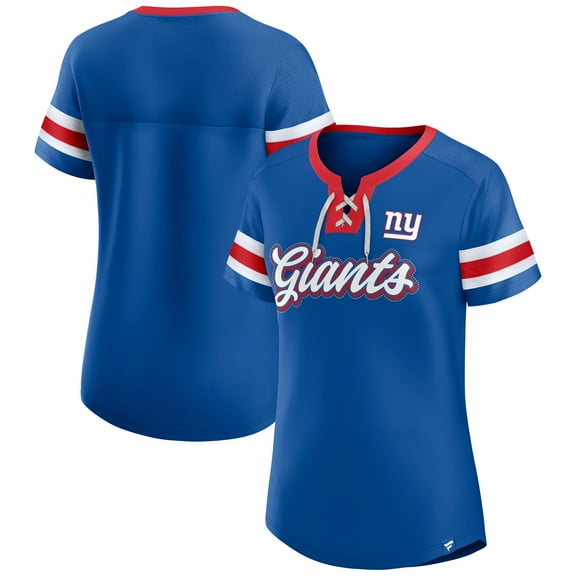 Women's-Fanatics  Royal New York Giants True Catch Iconic Rhinestone Bling Athena Lace-Up T-Shirt