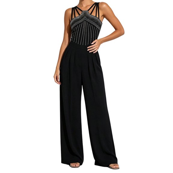 TOUMENY Women Rhinestone Jumpsuit Spring Fall Solid Color Slim Fit Long Sleeve Jumpsuits Wide Leg High Waist Formal Evening Cocktail Romper Black L