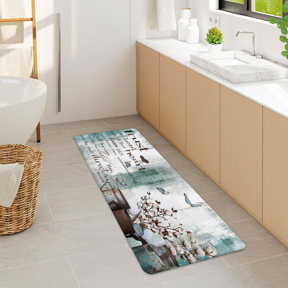 Inspirational Quote Bathroom Rug Mat, Bible Verse Inspirational Motivational Bathroom Rugs Set, Abstract Ink Paint Pink Teal Marble Non-Slip Bath Carpet, Extra Soft and Absorbent Bath Rugs(17"X48")