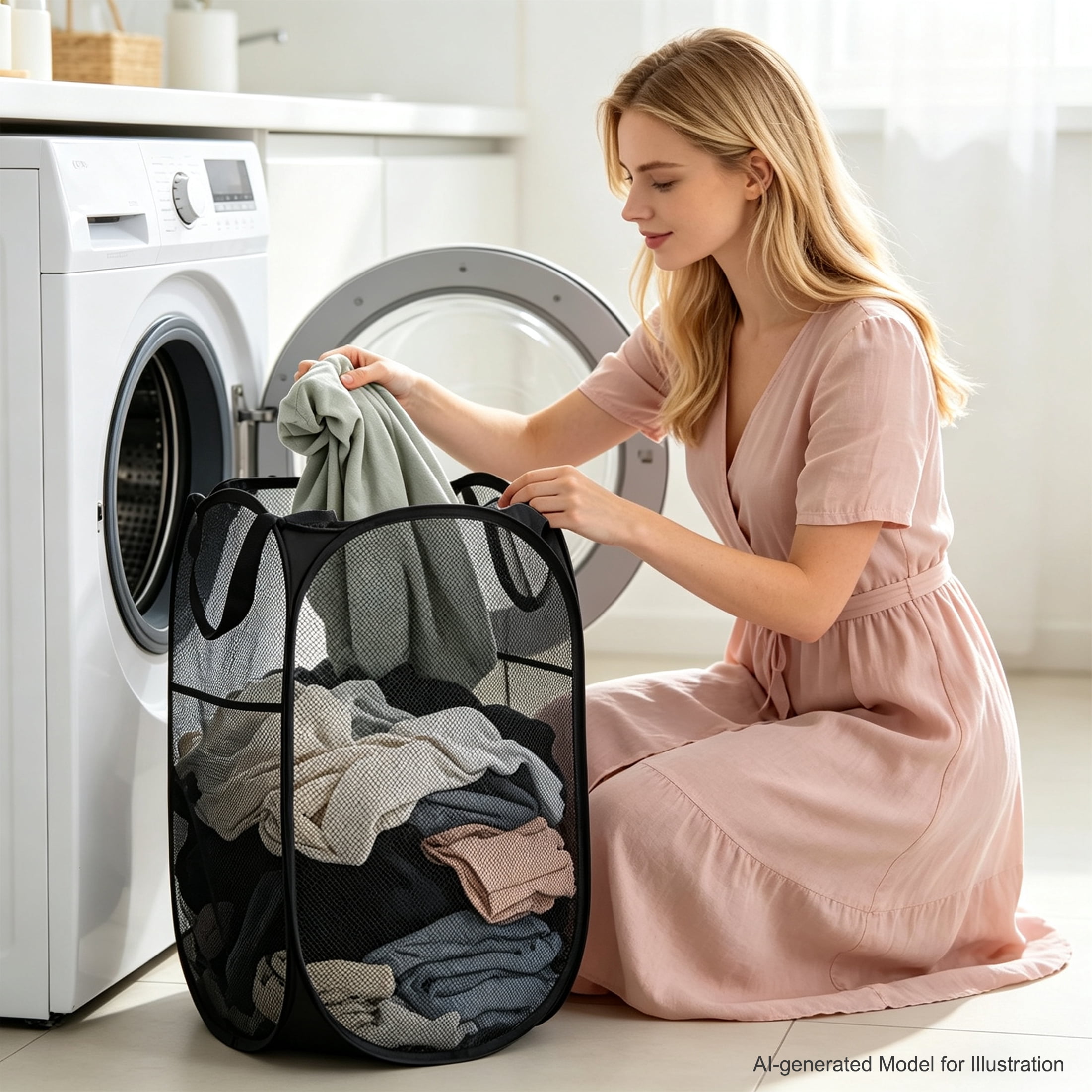 GARITIN 3 Pack Pop Up Mesh Laundry Hamper, Collapsible Dirty Clothes Basket with Carry Handles for Bedroom Bathroom