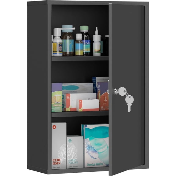 NeoNiches Steel Wall Mount Medicine Cabinet, Lockable 3-Tier Bathroom Medical Storage Cabinet with Single Door and Keys, Black Wall Mounted First Aid Cabinet for Home, Clinic