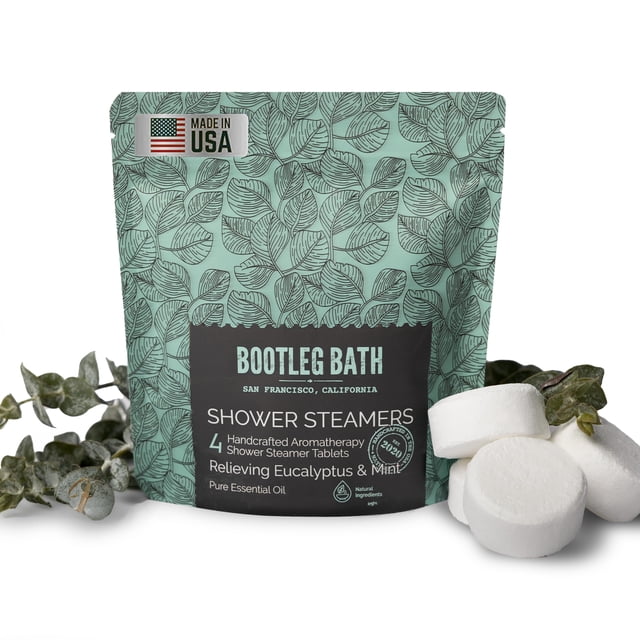 BOOTLEG BATH Bomba de ducha de aromaterapia con vaporizador de ducha, paquete de 4 aceites esenciales puros de eucalipto, todo natural para hombres y mujeres, fabricado en EE. UU.