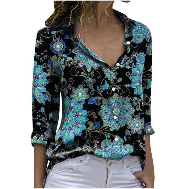 Camisa de manga larga estampada con cuello vuelto informal con botones para mujer a la moda Fridja czfsfas4158