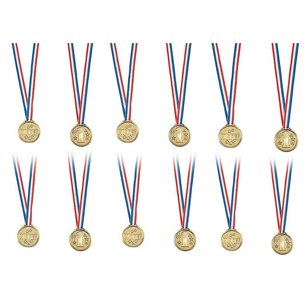 Gold Winner Medal Necklaces 1.5 Inches Pack Of 12 Gold Plastic