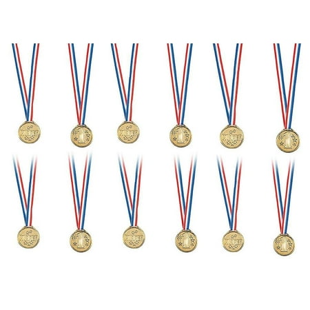Gold Winner Medal Necklaces 1.5 Inches - Pack Of 12 - Gold Plastic Winner Awards For Contests, Sports Games Etc. - For Kids Great Party Favors, Bag Stuffers, Fun, Toy, Gift, Prize - By Kidsco
