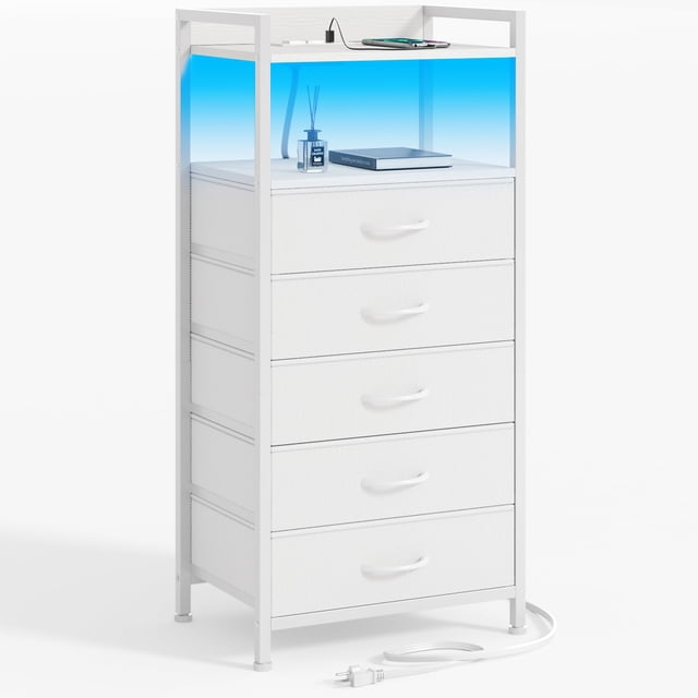 Mesita de noche Furnulem blanca con 5 cajones de almacenamiento con luz LED