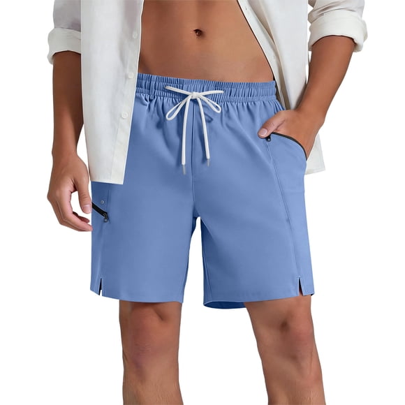 Elvqul Mens Elastic Waist Shorts Summer Drawstring Board Shorts Pockt Beach Plain Vacation Running Stretch Swim Trunks for Men