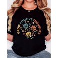 thumbnail image 1 of Women's Retro Minimalist T-Shirt - "Grow Positive Thoughts" Hand-Painted Floral & Butterfly Print, Casual Comfort Fit, Round Neck Short Sleeve Tee, Black with Vibrant Colors, Casual Wear Tee | Unique, 1 of 7
