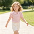 thumbnail image 6 of Girls Peter Pan Collar T Shirt Short Sleeve Knit Top Button Front Pullover Base Layer Tee for Big Kids Everyday Wear, 6 of 7