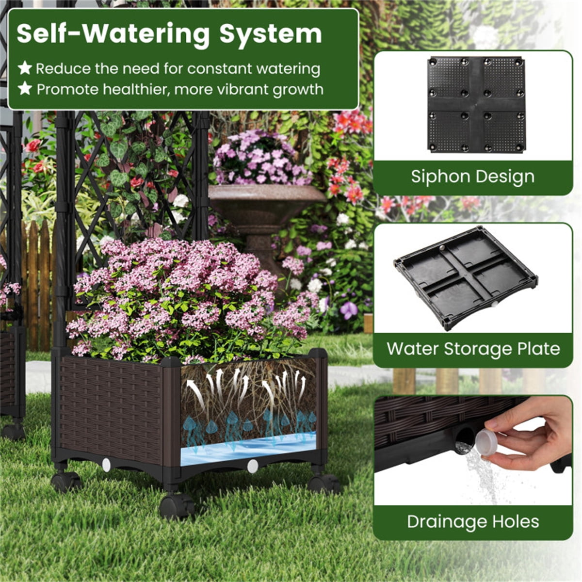5.5 FT Raised Garden Bed with Trellis Self-Watering Planter Boxes with Lockable Wheels, 2 Configurations Vertical Garden Planter for Patio Balcony