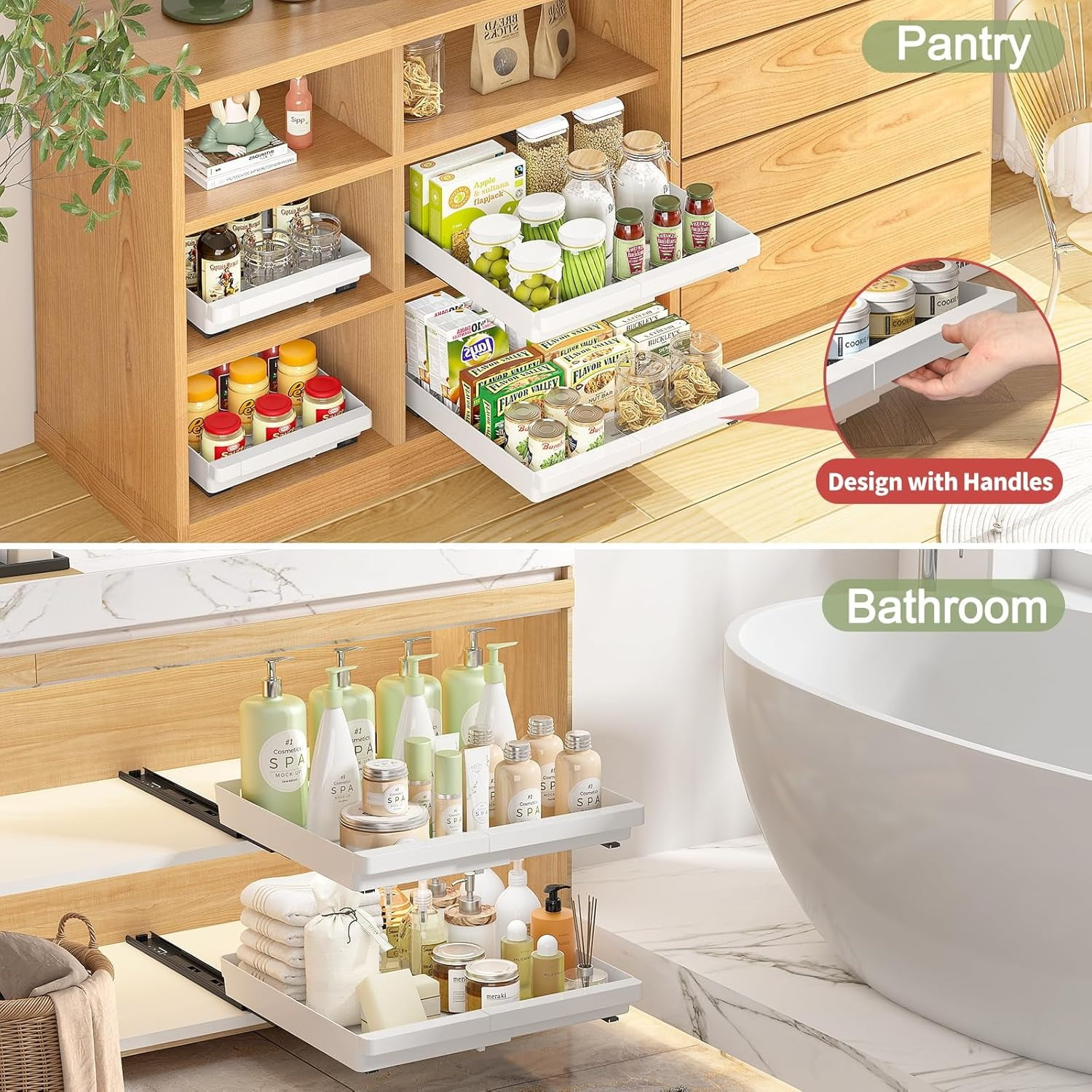 2 Pack Expandable Pull Out Cabinet Organizer, AOKIWO Slide Out Drawers Storage with Adhesive Nano Film for Kitchen Pantry Under Sink (White, 13''-19'')