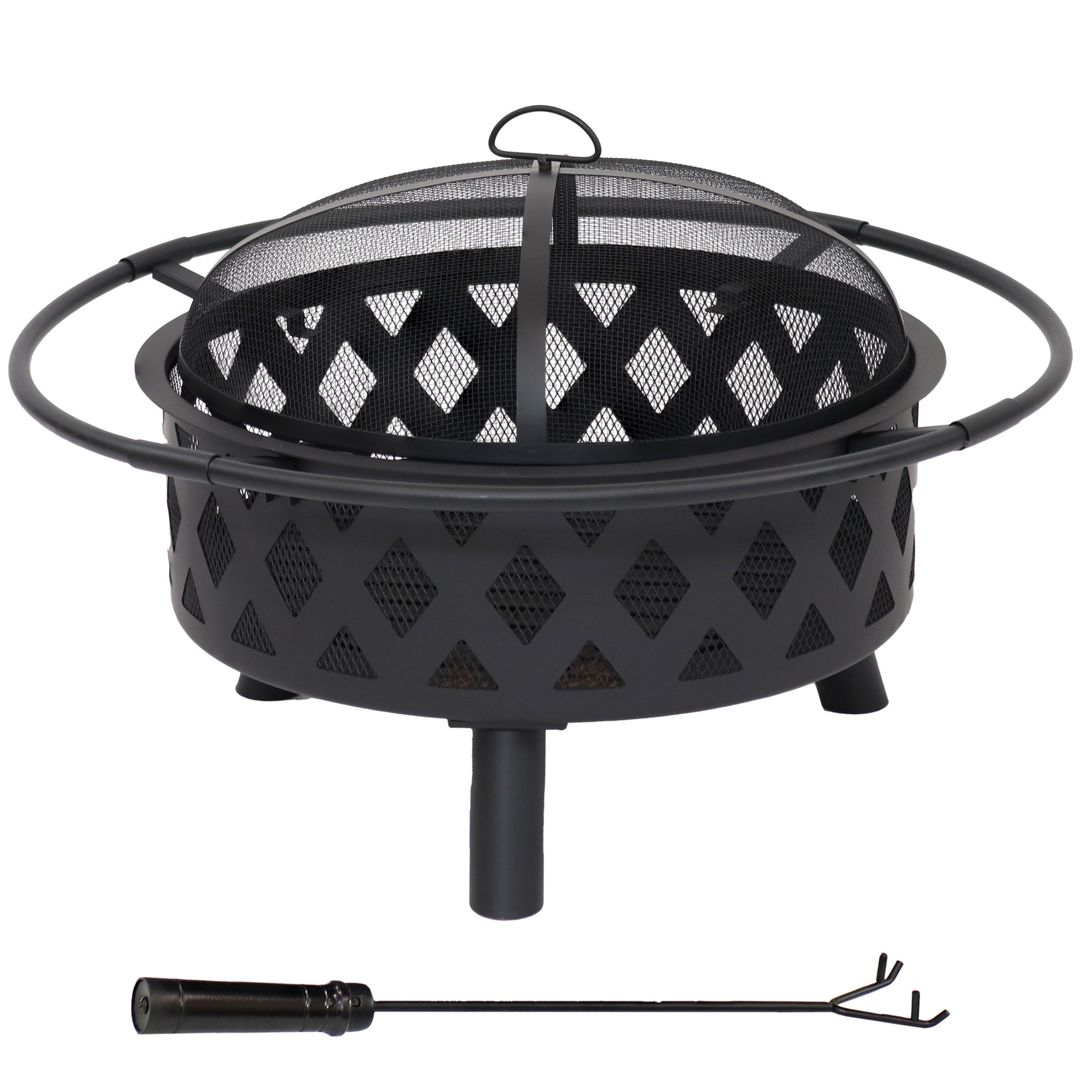Sunnydaze Crossweave 30" Round Wood-Burning Black Finish Steel Outdoor Fire Pit with Screen