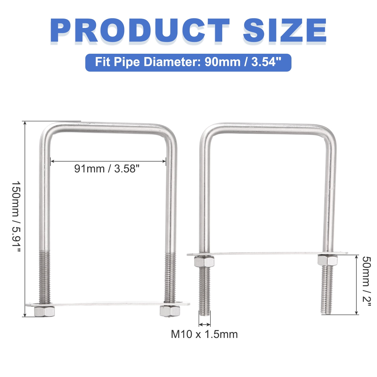 Uxcell 2 Sets M10 Square U-Bolts, 3.58" Inner Width 5.91" Length 304 Stainless Steel U Clamp Bolts with Nuts, Plates and Wrench