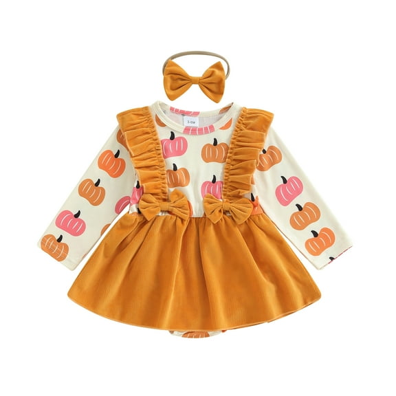Musuos Baby Girls Halloween Romper Dress 0-18Months Flying Sleeve Crew Neck Pumpkin Print Jumpsuit with Headband Fall Cute Bodysuit