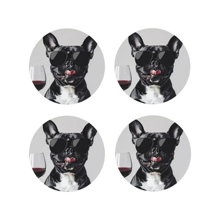 

Tideii Cool French Bulldog Wine for Leather Coasters 4 Pieces Anti-fouling and Anti-scalding Decorative Coasters Suitable for Restaurants Kitchens Coffee Shops-Round Shape