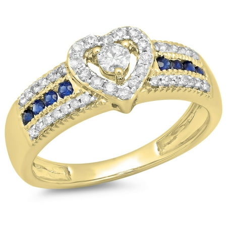 0.55 Carat (ctw) 18K Yellow Gold Round Cut Blue Sapphire & White Diamond Ladies Bridal Heart Shaped Promise Engagement R