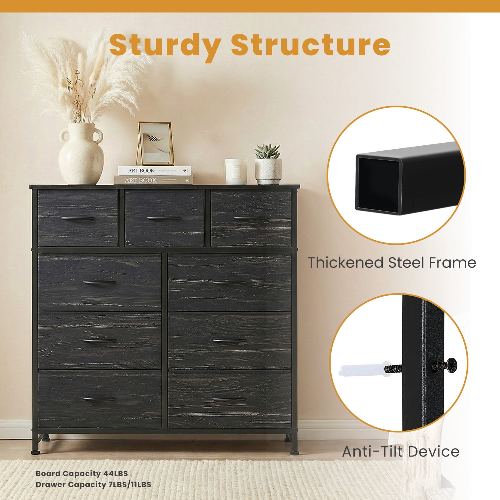 CONCETTA 9-Drawer Fabric Dresser Storage Chest for Bedroom, Closet, Storage Furniture for Adults, Black Wood