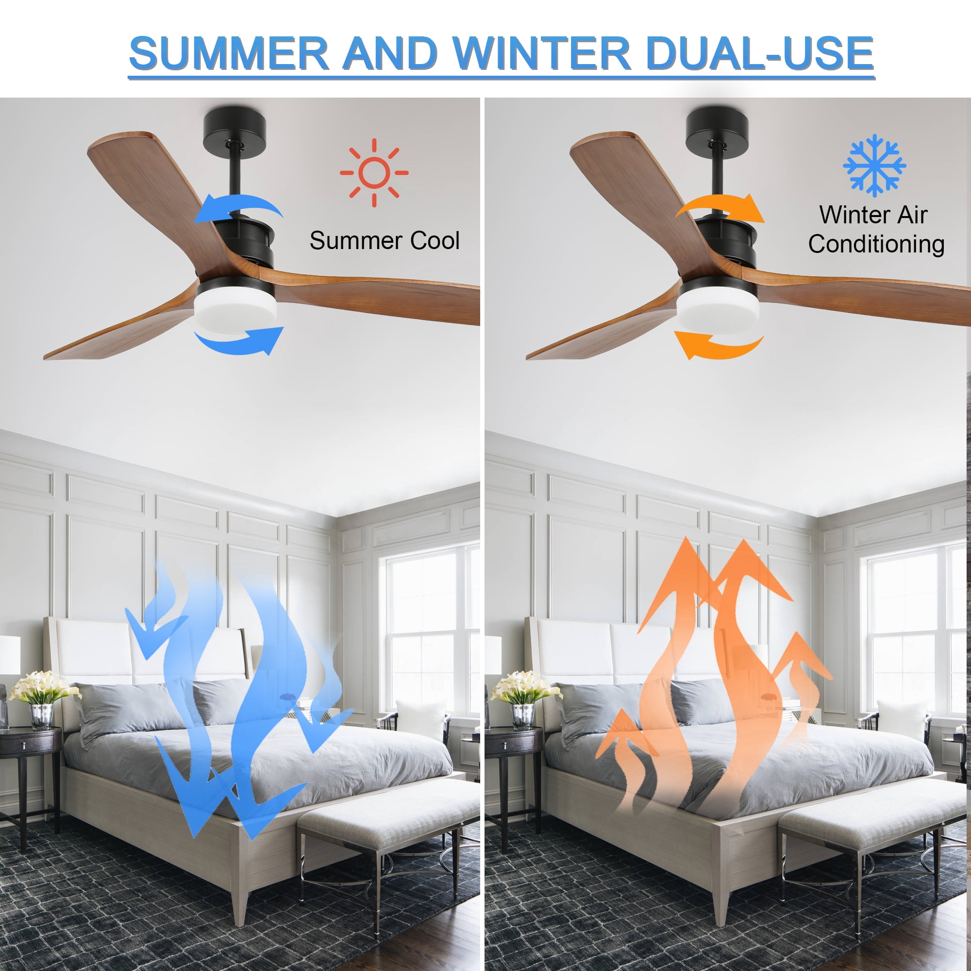 Bella Depot 52" Black Natural Wood Ceiling Fan with Dimmable LED Light, Reversible Blades, Remote Control