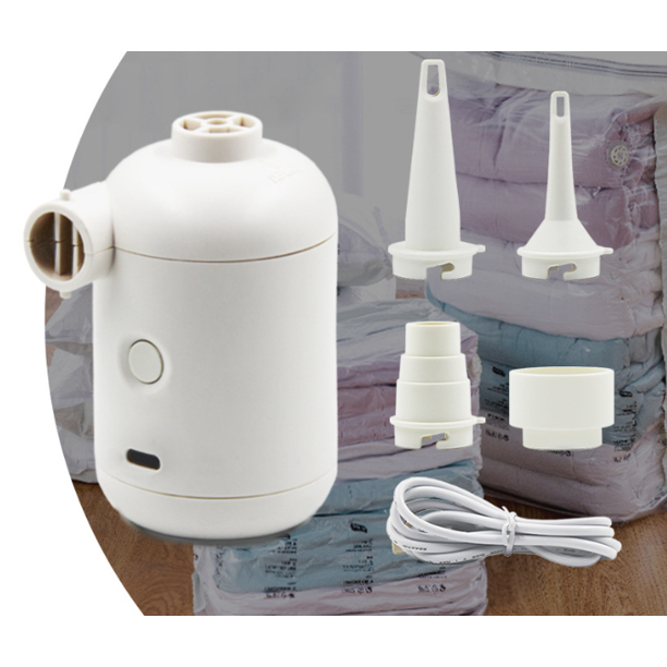 Blanco - Bomba de aire eléctrica, mini bomba de aire eléctrica USB portátil, inflado para acampar y desinflado rápido, 4 boquillas de inflado, adecuada para colchones / piscinas / piscinas al aire li