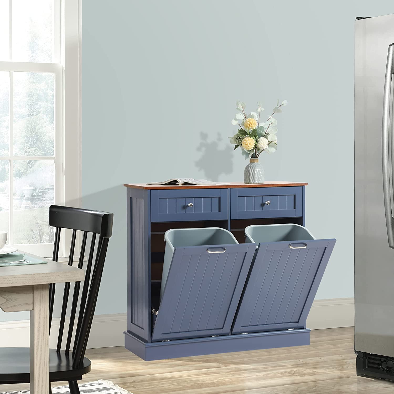 KIGOTY Dual Kitchen Trash Cabinet, Double Tilt Out Trash Can Cabinet with Countertop and Drawer, Free-Standing Pet Proof Recycling Cabinet Garbage Can Holder (Blue)
