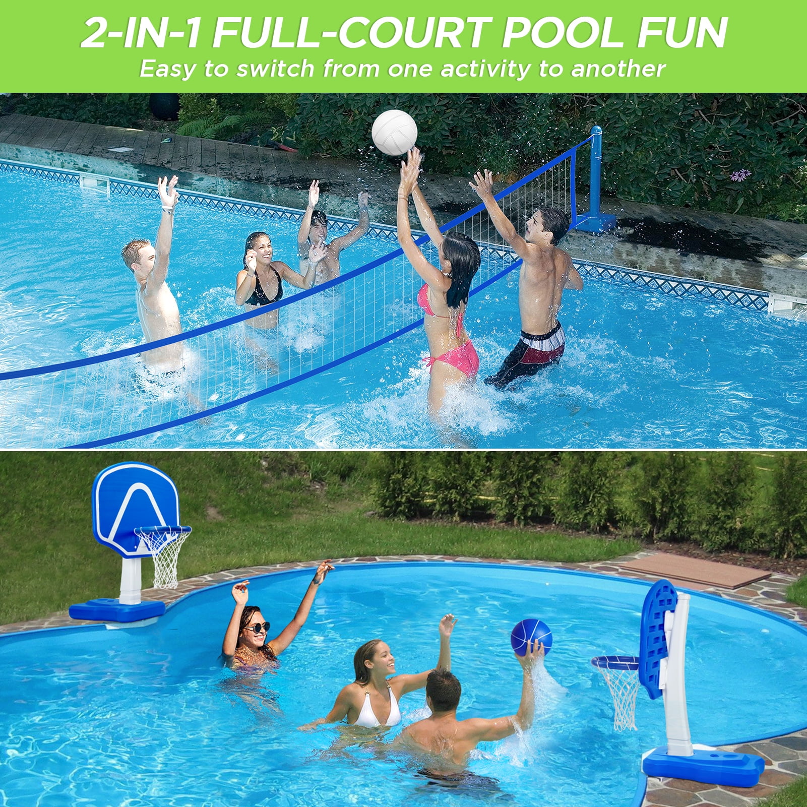 Pool Basketball Volleyball Combo Set, Swimming Basketball Hoop and