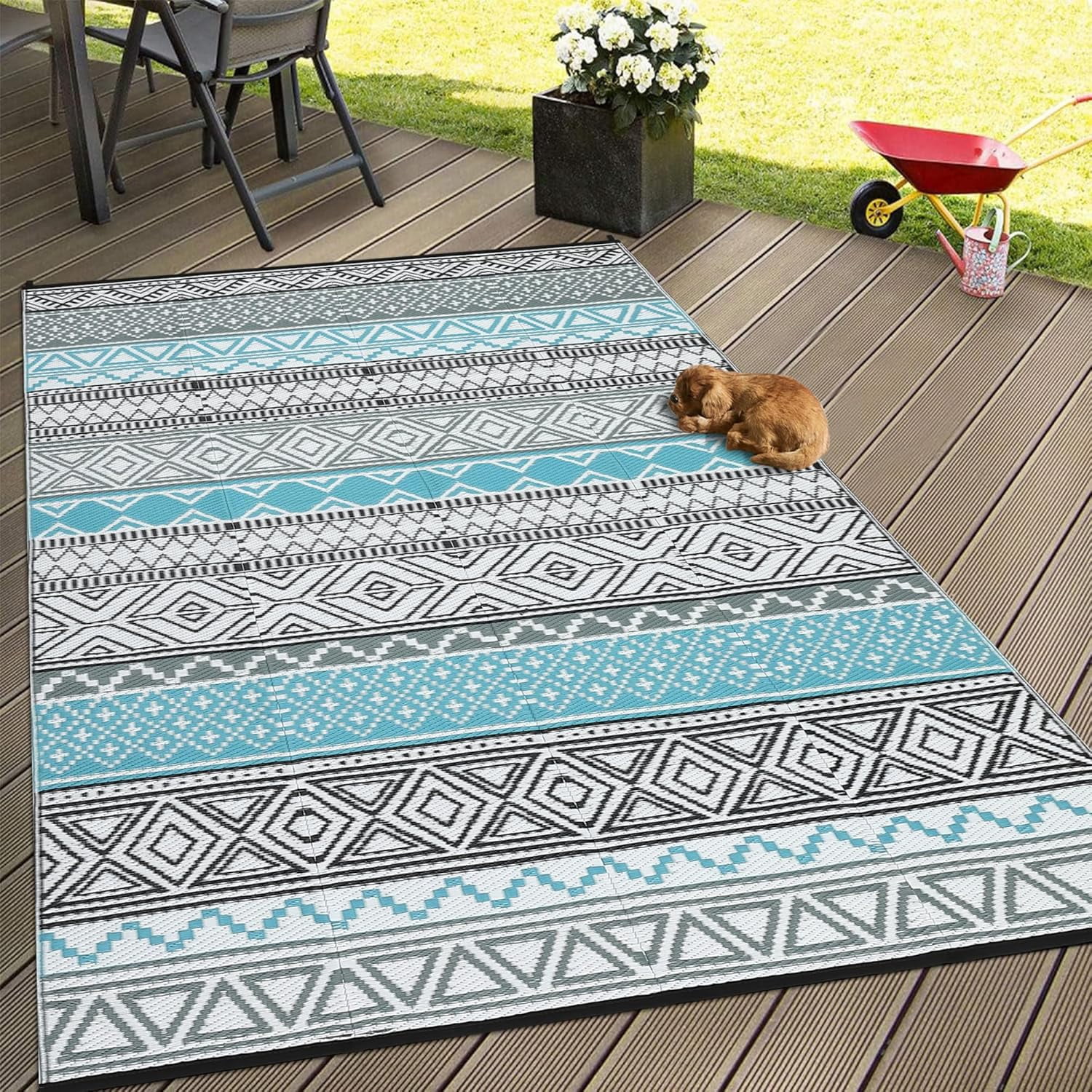 Twister.CK 9' x 18' Plastic Outdoor Rugs, Waterproof Bohemia Straw Rug Reversible Outside Carpet for Patio Deck Porch Backyard Camping Picnic Beach, Blue & Gray
