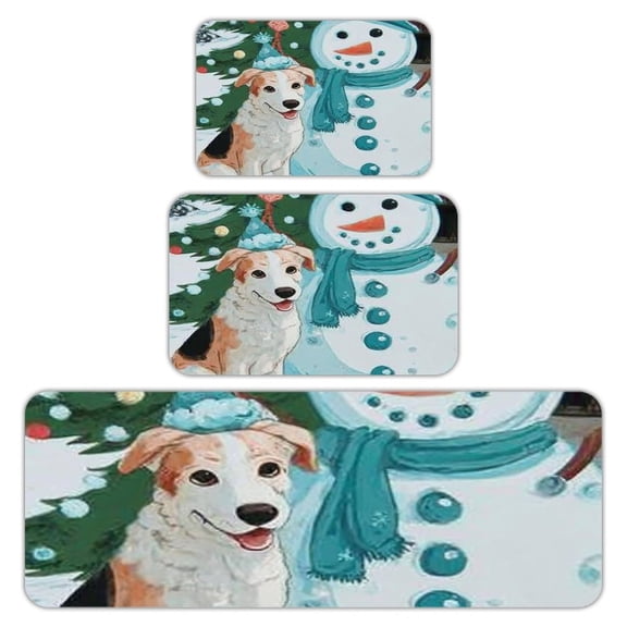 RKSupls Kitchen Rug Set 3 Piece Anti-Slip Flannel Floor Mats, Dog Snowman Christmas Washable Absorbent Runner Mats for Kitchen Bathroom Home Decor