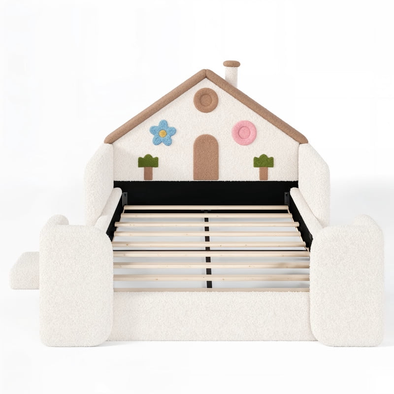 Full Size Kids Floor Bed with House Shaped Headboard, Upholstered Teddy Fabric Child Storage Platform Bed Frame with Pocket