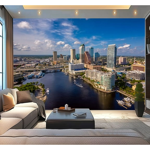 Peel and Stick Wallpaper Waterproof Downtown Tampa Florida under blue skies Wall Mural Decor Self Adhesive and Removable 100in x 144in