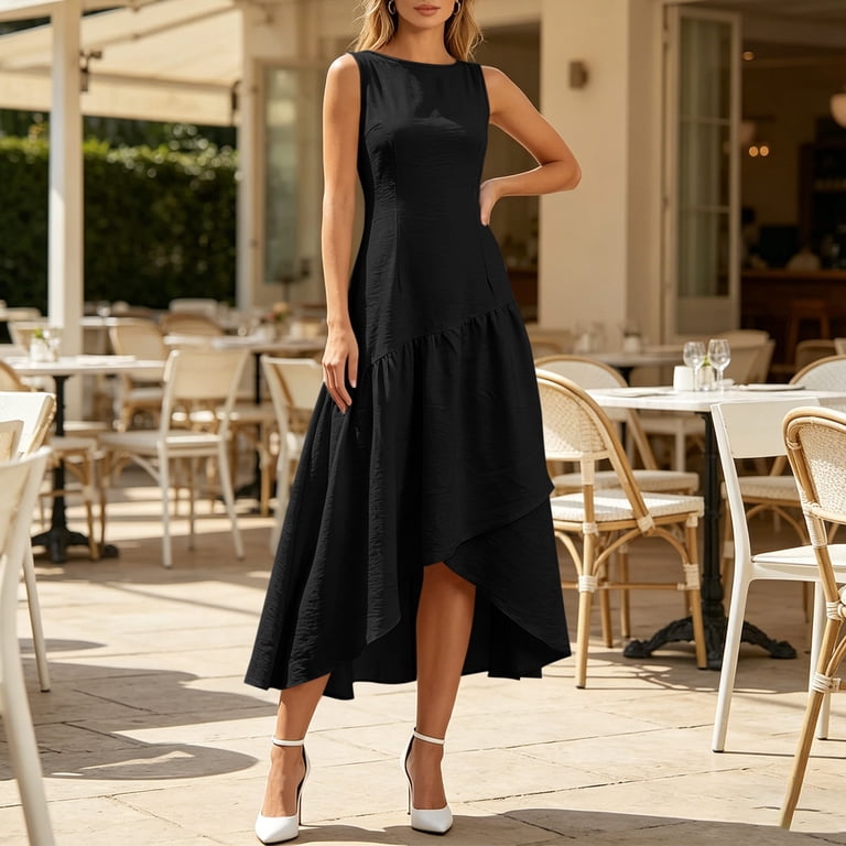 Eawtki Women's Round Neck Sleeveless Maxi Dress Asymmetric Tiered Hem Fitted  Casual Summer Dress For Women - Walmart.com