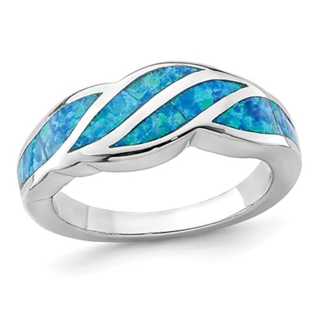 Lab Created Blue Opal Inlay Wave Ring in Sterling Silver
