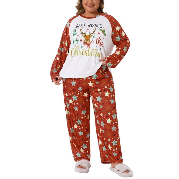 Agnes Orinda Women's Plus Size 2 Piece Christmas PJ Soft Sleepwear Long Sleeve Top and Capris Pants Lounge Pajamas Set 1X White Red