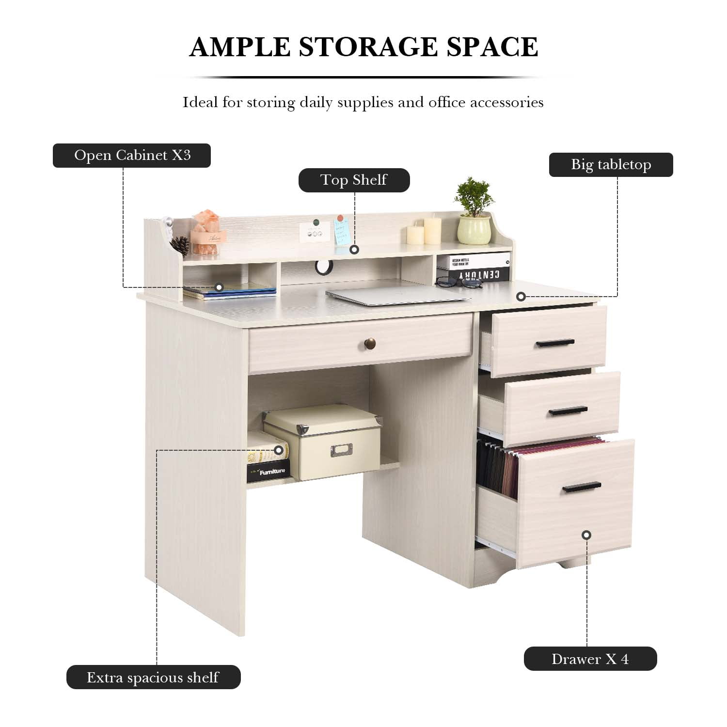 4 Ever Winner White Oak Wood Writing Desk with Hutch and Storage for Small Spaces