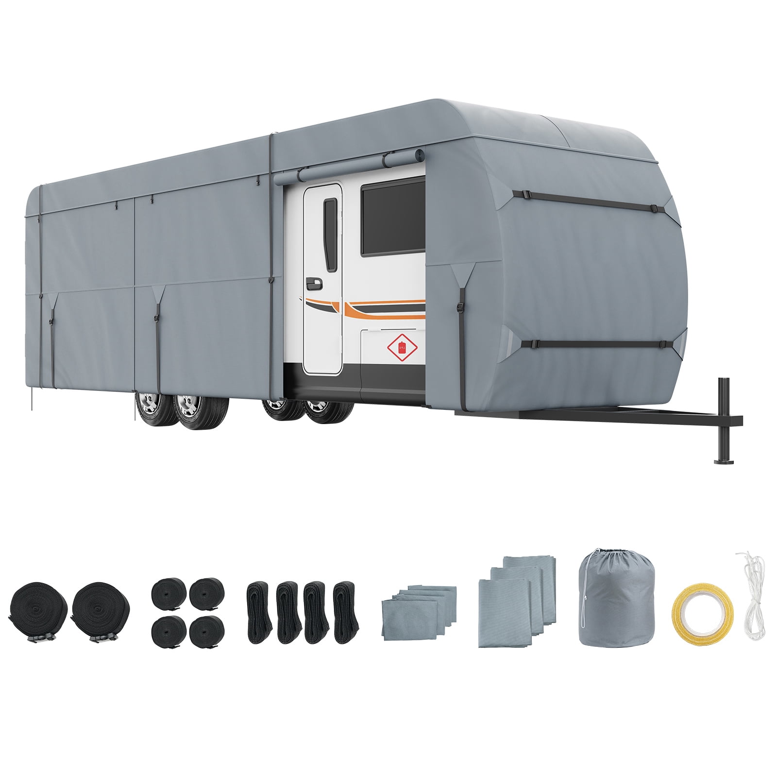 KFFKFF Travel Trailer Cover, 28-30' RV Cover, 4-Layer Non-Woven Fabric Camper Cover, Waterproof, Windproof And Wear-Resistant Class A RV Cover, Rip-Stop Camper Cover with Storage Bag and Patches