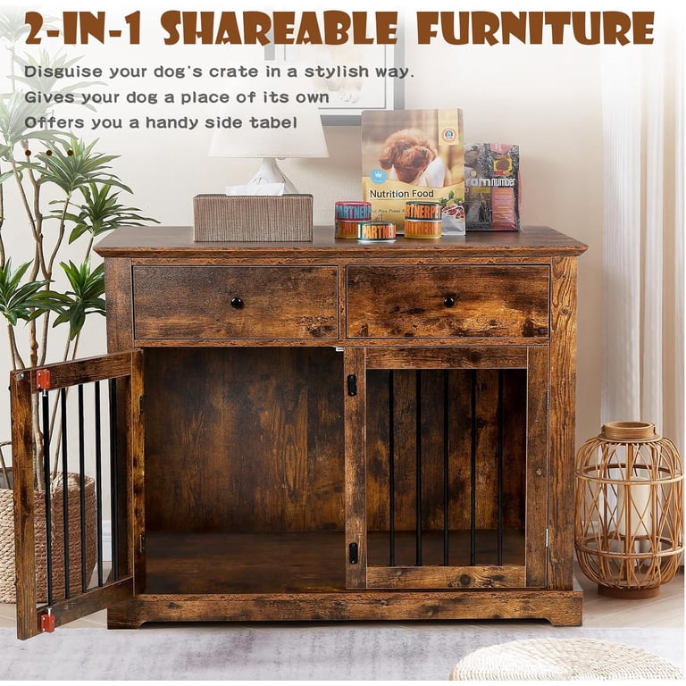 40 Inch Furniture Dog Crate - Wood Pet Crate With Drawers & Double Doors For Small/Medium Dogs