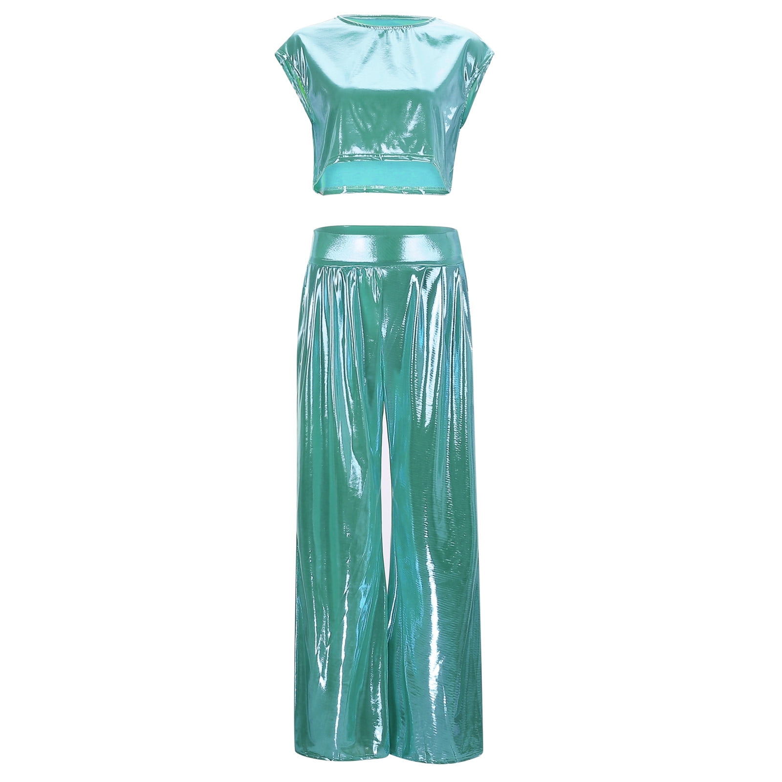 Women's Glossy Vest Wide Leg Pants 2-Piece Set Round Neck