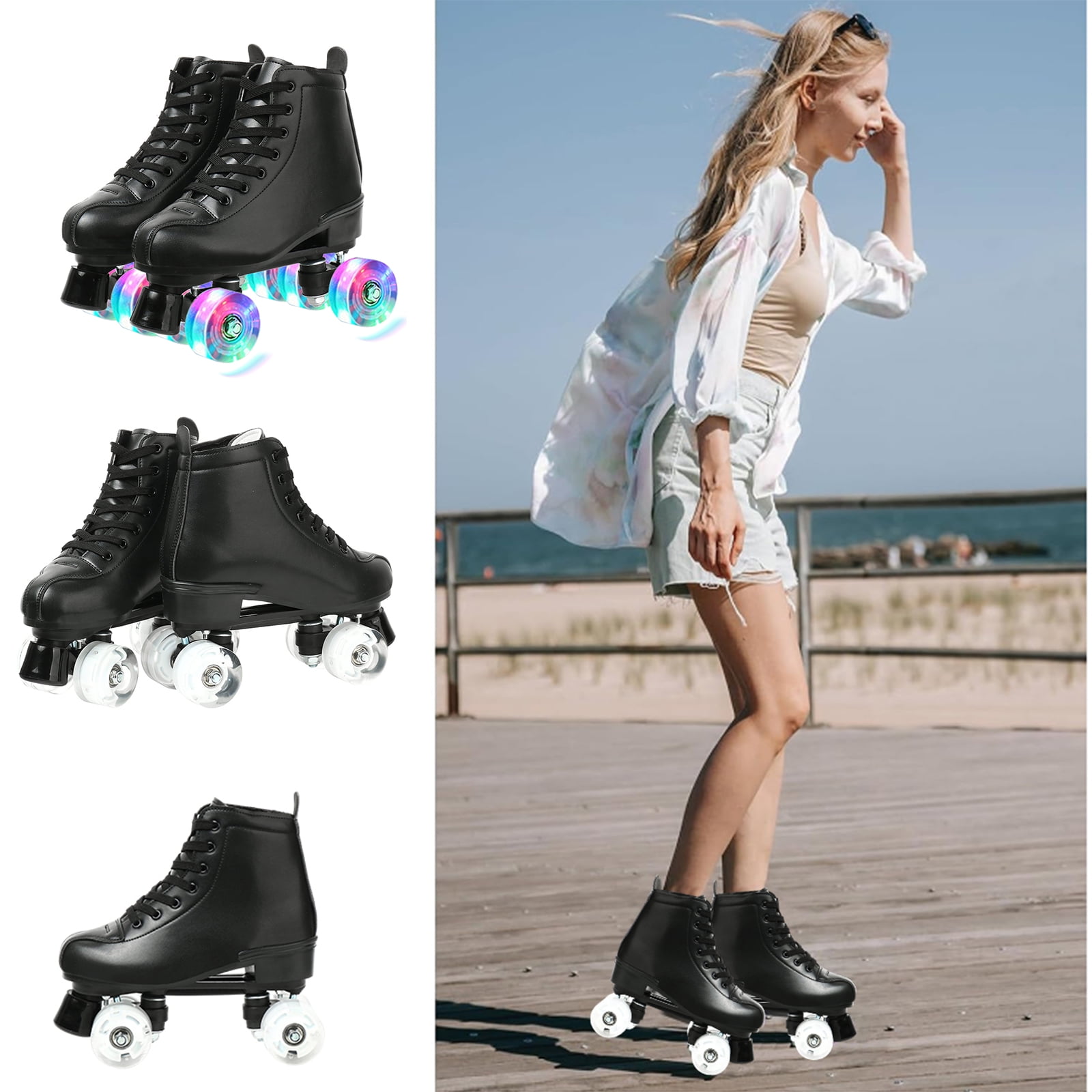 EONROACOO Teen Kids Skates, Light up Black Roller Skates for Women Girls Boys(Women 7/Men 6)