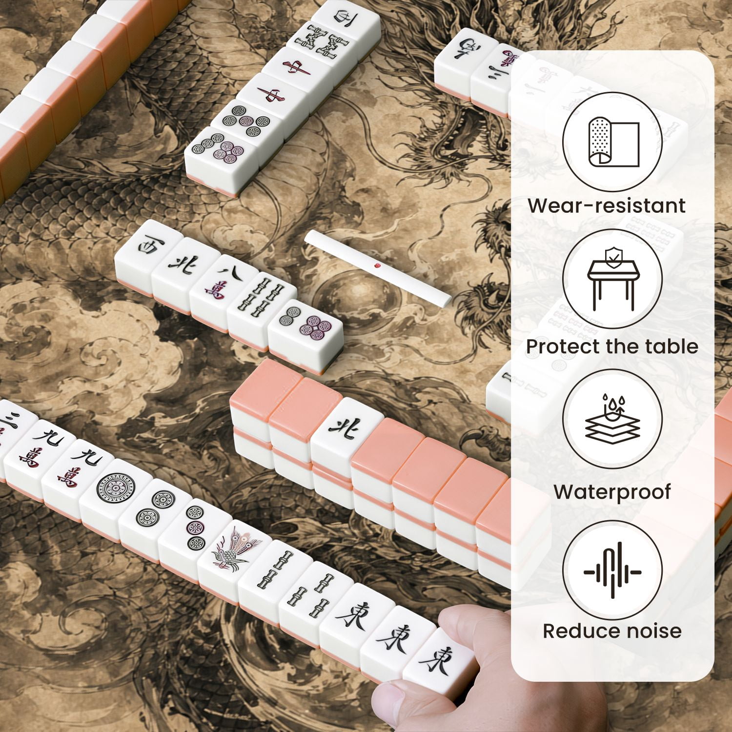 Mahjong Mat 31.5" x 31.5" Chinese Dragon Two Serpentine Dragons Stormy Clouds Monochrome Ink Art Non-Slip Noise Reduction Mahjong Tiles Table Cover for Dominoes Poker Card Board and Tile Games
