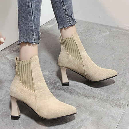 

Christmas Gift AnuYalueWomens Ankle Boots Elastic Mid Heel Booties Faux Suede Pointed Toe Side Zipper Booties