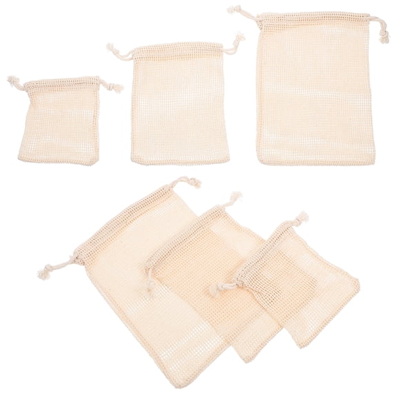 6-Pack Cotton Drawstring Bags for Fruits and Vegetables, Reusable Produce Storage, Home Kitchen Organizer