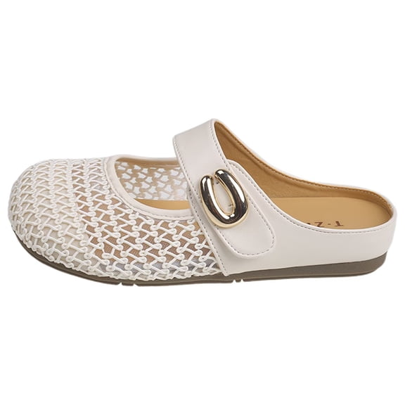Yiomxhi Women's Breathable Mesh Mary Jane Mules - Comfortable Slip-On Flats with Metal Buckle, Casual Round Toe Walking Shoes for Summer