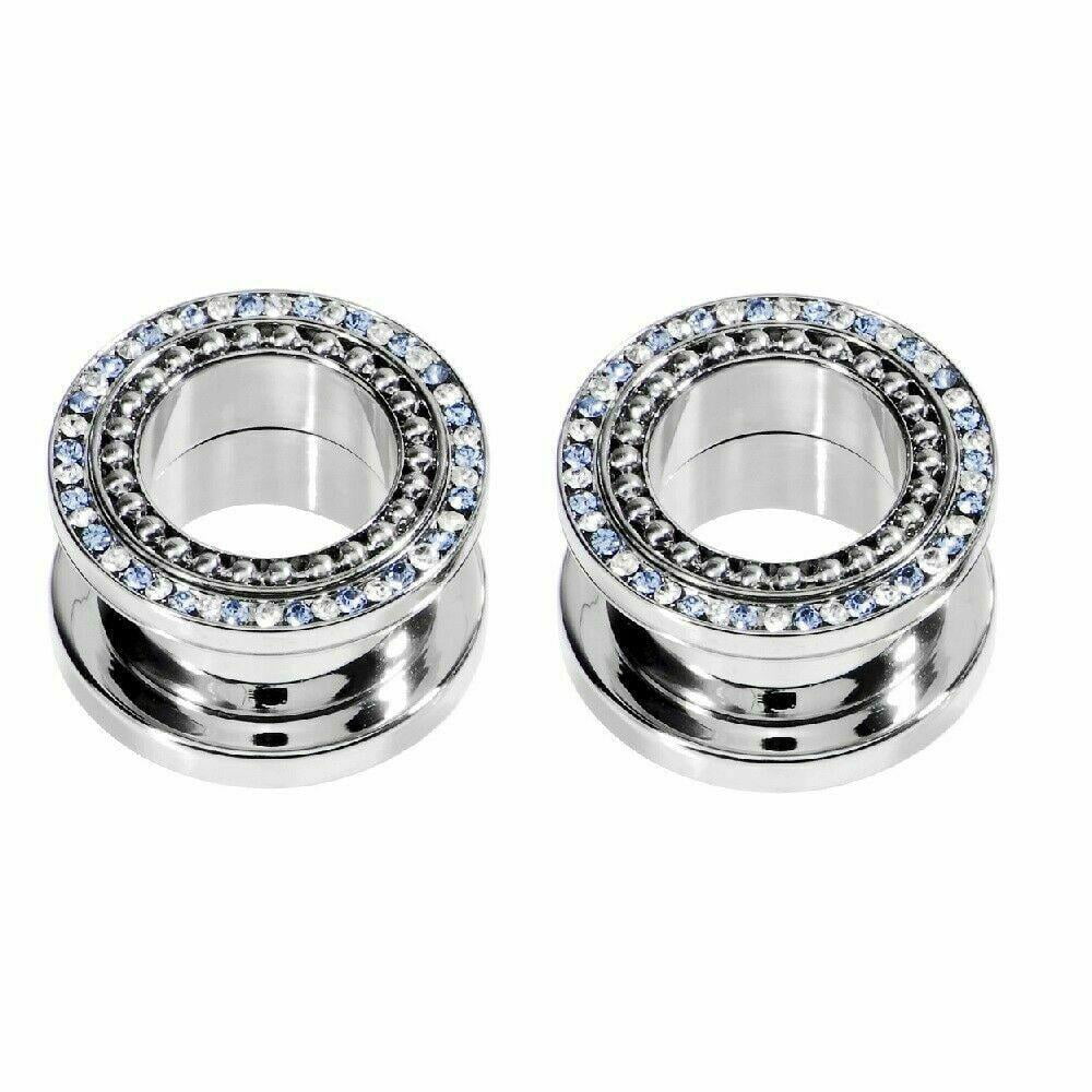 2pc Multi Crystal Gem Screw Flesh Tunnel Steel Ear Stretcher Gauge Plug