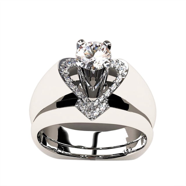 WREESH 2Pc Women Detachable Heart Shape Shiny Diamond Ring Sterling 2 In 1 Ring For Engagement Wedding