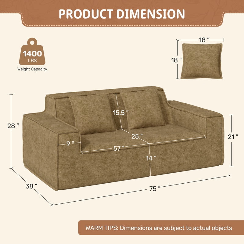 Hawsaiy 75" Pet-Friendly Cat-Scratch Fabric Loveseat Sofa with Wide Armrests & Removable Pillows, No Assembly Foam Couch, Vacuum Packed, High-Density Support, Brown