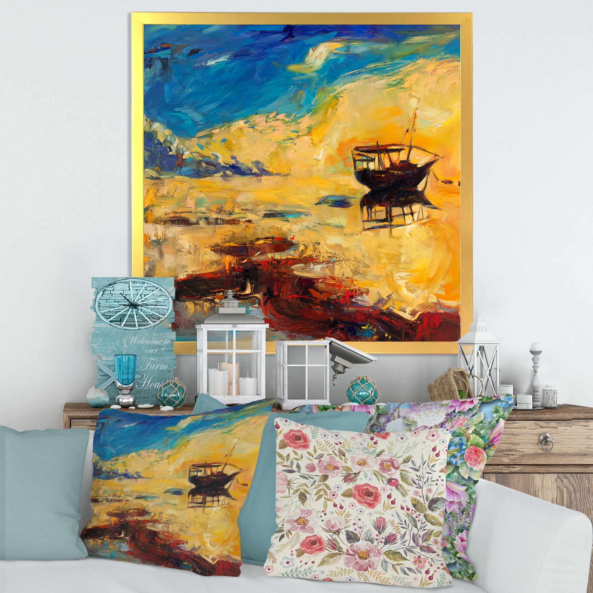 Abstract Boat At The Ocean Horizon During Sunset 36 in x 36 in Framed Painting Canvas Art Print, by Designart