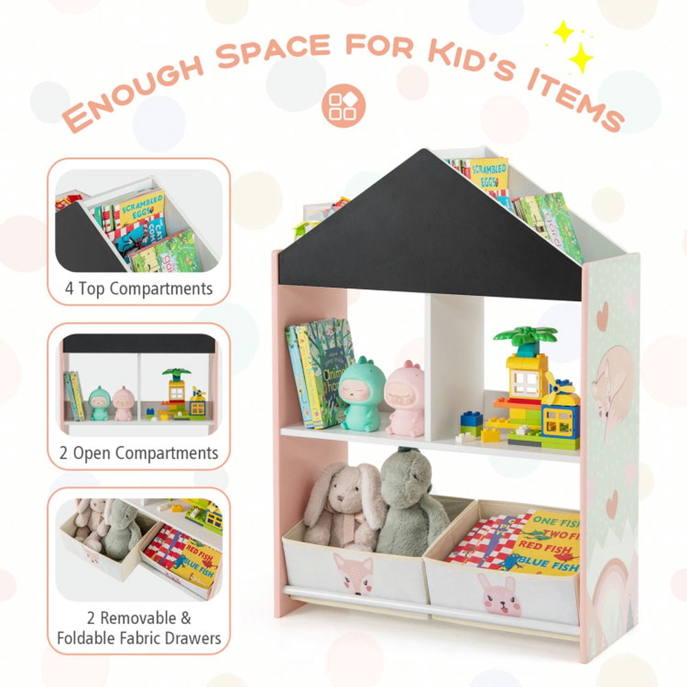 Topcobe Playhouse Kids Bookshelf with Chalkboard and Whiteboard for 3-6 Years, Kids Furniture for Living Room Bedroom-Pink