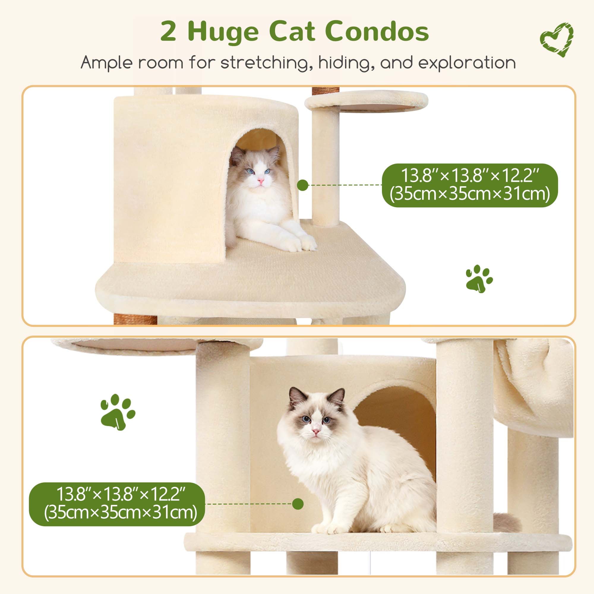 Globlazer 68" Large Corner Cat Tree Tower Condo for Cats with 6 Sisal Scratching Posts, 2 Condos, Hammock & Hanging Basket, Beige