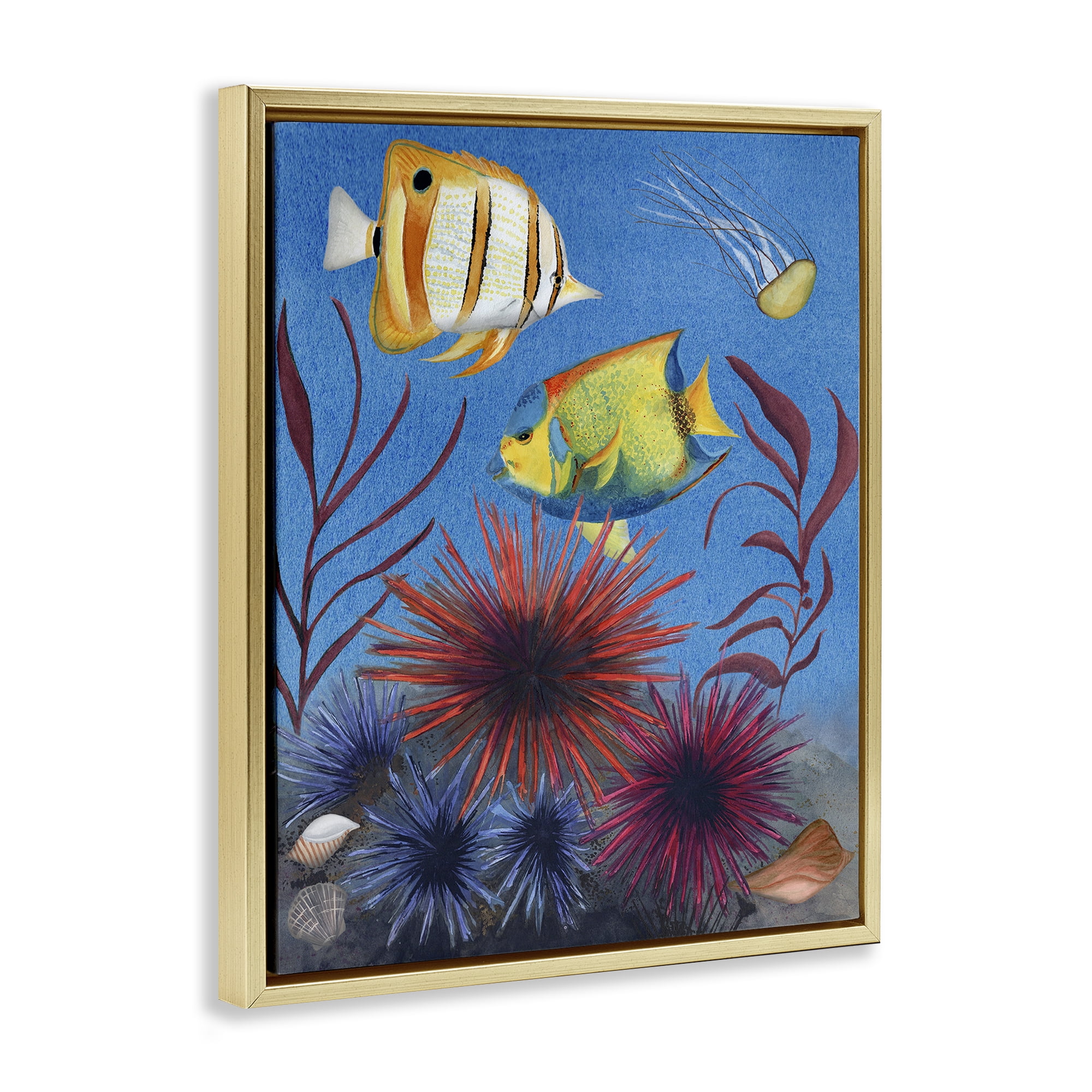 Stupell Industries Seafaring Fish & Urchins Animals Painting Gold Floater Framed Canvas Art Print Wall Art, 17 x 21